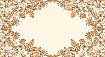 Vintage floral frame with intricate hand-drawn flowers and leaves in a sepia tone creating an elegant corner border.
