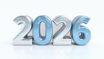 Glossy Blue and Silver 3D Numbers 2026 on White new year
