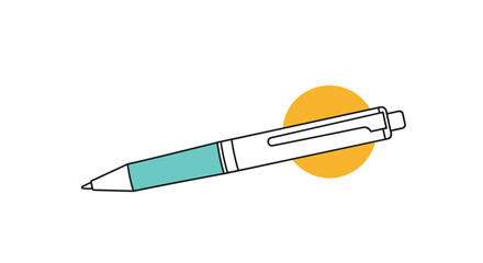 Minimalist line art illustration of a modern ballpoint pen with a turquoise grip against a simple orange circle on a white background.