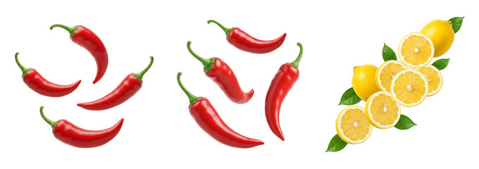 A vibrant arrangement of chili peppers and sliced lemons