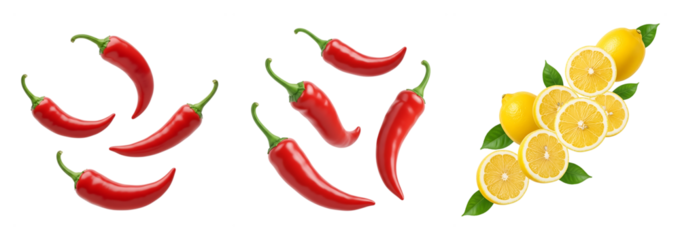 A vibrant arrangement of chili peppers and sliced lemons