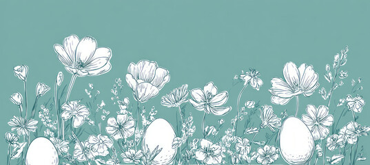 Easter banner flower egg spring background, gentle floral border illustration