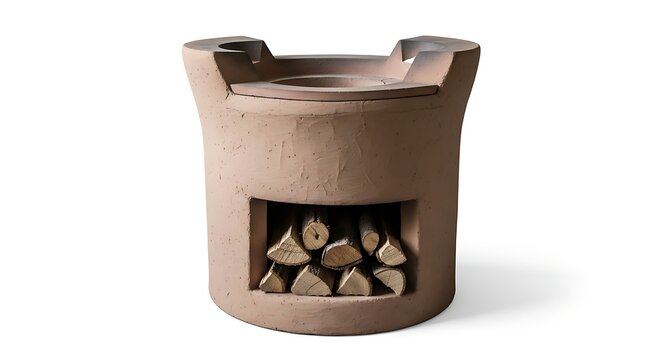 Clay chiminea with stacked firewood for outdoor heating and cooking needs