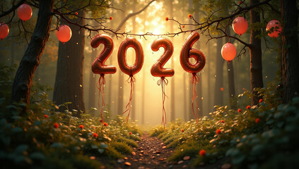 2026 balloons hanging in a sunlit forest path new year