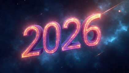 Fiery 2026 Numbers in Cosmic Nebula with Streaking Lights