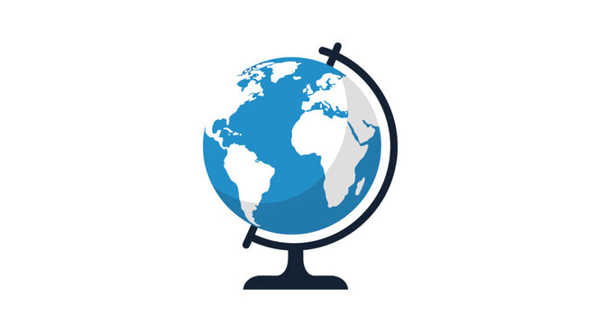 Simple flat design icon of a world globe showing the continents of Africa and Europe on a dark stand.