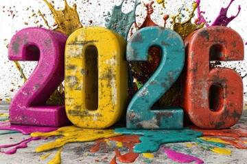 Vibrant 2026 numbers splashed with colorful paint for a bold celebration image