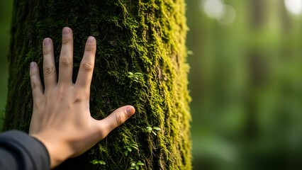 Human hand touching a mossy tree trunk in the forest. Environmental connection and forest bathing. Person feeling the texture of bark and green plants in nature.