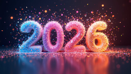 Fluffy Blue Pink Orange 2026 Numbers with Confetti and Lights