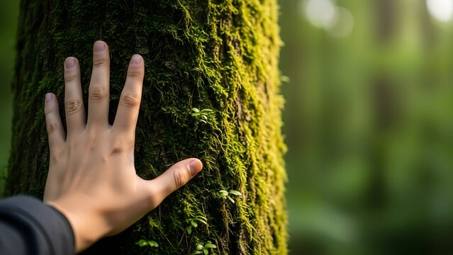 Human hand touching a mossy tree trunk in the forest. Environmental connection and forest bathing. Person feeling the texture of bark and green plants in nature. - Powered by Adobe