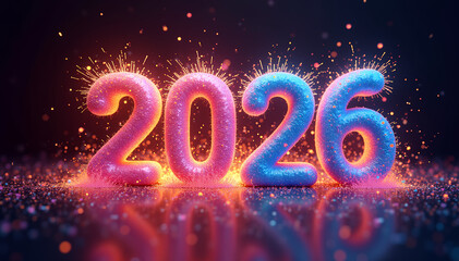 2026 Pink and Blue Glitter Numbers with Soft Sparkles and Confetti