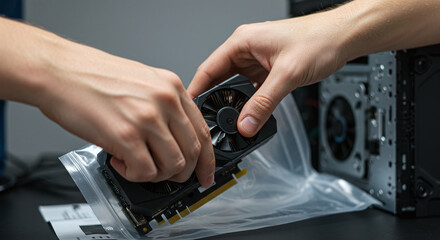 A hand removes a new graphics card from its anti-static bag, highlighting a new electronics product.Concept of new electronics setup and unboxing.