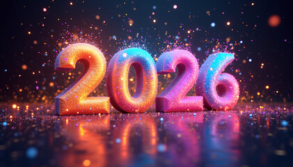2026 numbers with orange, pink, and blue glitter texture