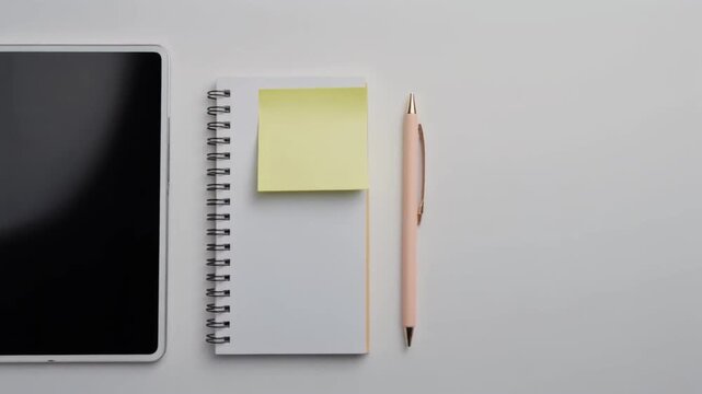 A top-down view of a blank spiral notebook with a sticky note and a pen next to a tablet on a plain white surface, perfect for organization and planning content