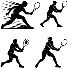 Vector illustration of active tennis and soccer player silhouettes in action during a sports competition game with men athletes running for the ball