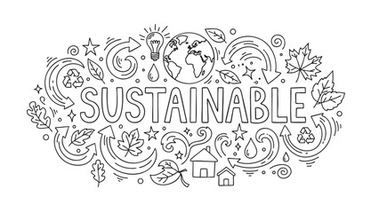 Doodle style illustration of the word Sustainable surrounded by environmental elements like the globe, leaves, recycling symbols, arrows, and houses, conveying eco-friendly ideas.