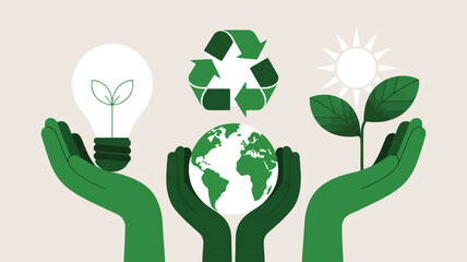 Green hands present global symbols representing environmental protection and sustainable ecological practices