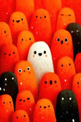 Cute orange and white cartoon ghosts crowded together with happy and curious expressions