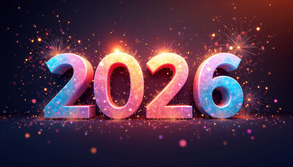 2026 numbers with pink and blue gradient and fireworks
