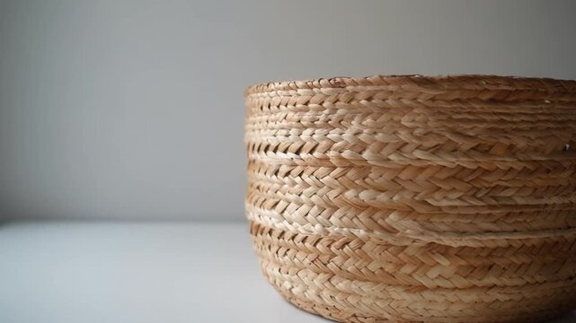 Close-up view of a woven natural fiber basket, showcasing intricate braiding patterns and earthy tones, perfect for rustic home decor and sustainable living concepts