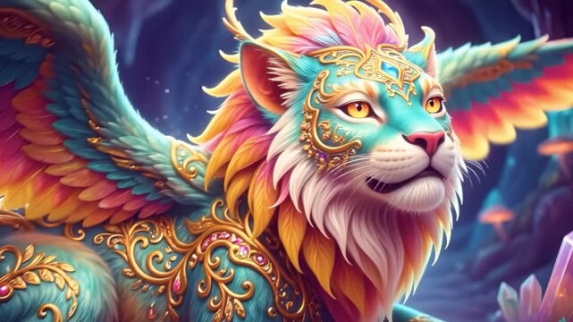 generated animation. A winged lion sleeps in a cave	