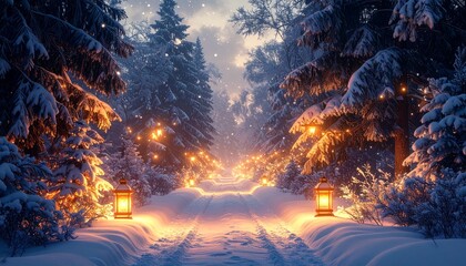 Christmas winter forest path snowy trees glowing lanterns festive seasonal holiday 