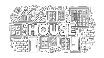 Obraz premium Whimsical line art illustration of various house elements including windows, doors, brick walls, a roof, and the word HOUSE in bold lettering, suggesting construction and design.