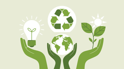 Green hands present global symbols representing environmental protection and sustainable ecological practices