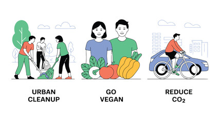 Obraz premium Modern line illustrations depict community cleanup, healthy vegan choices, and eco friendly transportation for a better world