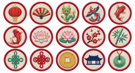 Realistic render of fifteen Chinese good luck symbol patches displayed as traditional oriental embroidery for cultural graphic design branding