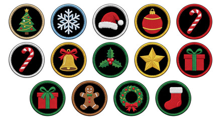 Realistic stitched Christmas holiday icons set, decorative embroidery patches, traditional festive symbols, vector artwork collection