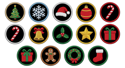Realistic stitched Christmas holiday icons set, decorative embroidery patches, traditional festive symbols, vector artwork collection