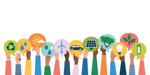 Multicultural hands raising up speech bubbles displaying diverse environmental and renewable energy icons
