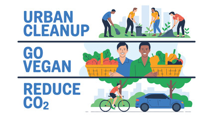 Fototapeta premium People actively clean the city, embrace veganism, and choose cycling for a sustainable lifestyle