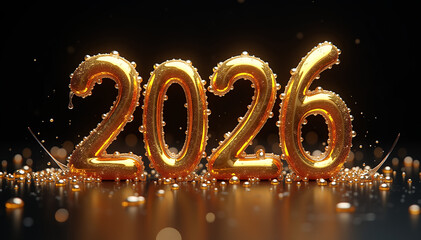 Textured gold 2026 numbers with scattered beads and bokeh