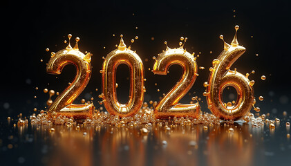 Golden 2026 numbers with elaborate liquid splashes and particles