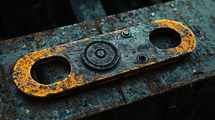 Close-up of a weathered, yellow-orange metal bracket with bolt details