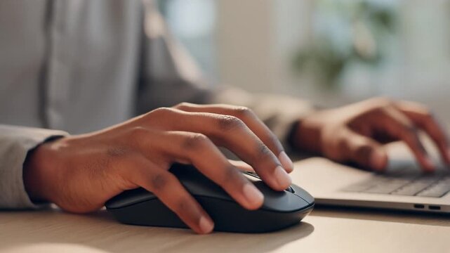 Close-up of a person's hands using a computer mouse and typing on a laptop keyboard, suggesting productivity, technology, and modern work environments