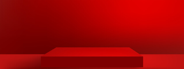 Red background Chinese New Year sale,Studio wall room and gradient lighting,shadow on dark red 3D podium for product display.Vector Valentine,Luxury cosmetic branding