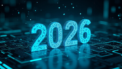 Glowing Blue 2026 Numbers on a Digital Circuit Board