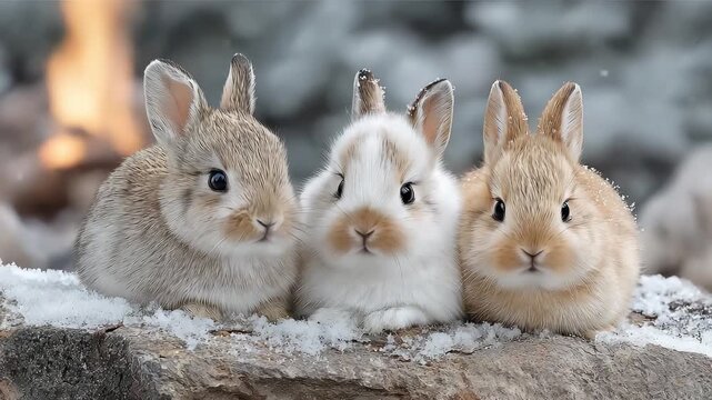 Three Cute Bunnies in a Christmas Snow Scene