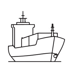 A simple line art drawing of a large cargo ship or freight vessel navigating the open sea