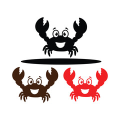 Cheerful trio of cartoon crabs with big smiles and raised claws in vibrant colors