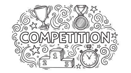 Hand drawn doodle illustration featuring the word COMPETITION surrounded by awards like a trophy, medal, podium, and stopwatch, with swirling decorative elements.