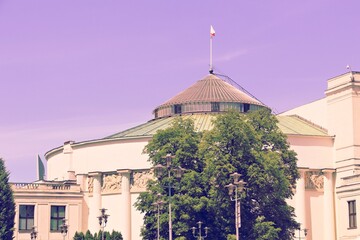 Sejm - Polish parliament. Retro filtered style photo of Warsaw, Poland.