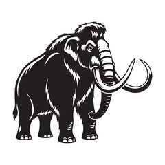A majestic woolly mammoth illustration with large curved tusks in a strong black and white graphic style