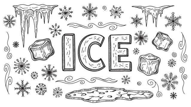 A delightful hand-drawn collection of winter elements including the word ICE, snowflakes, icicles, and ice cubes, perfect for seasonal designs.