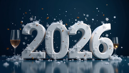 2026 New Year celebration with champagne and snowflakes