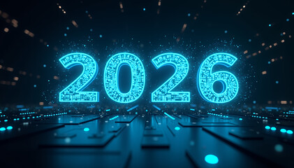 Futuristic Blue 2026 Numbers on a Digital Circuit Board Background