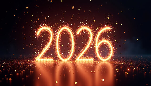 Glowing 2026 Numbers with Sparkles on Dark Background - Powered by Adobe